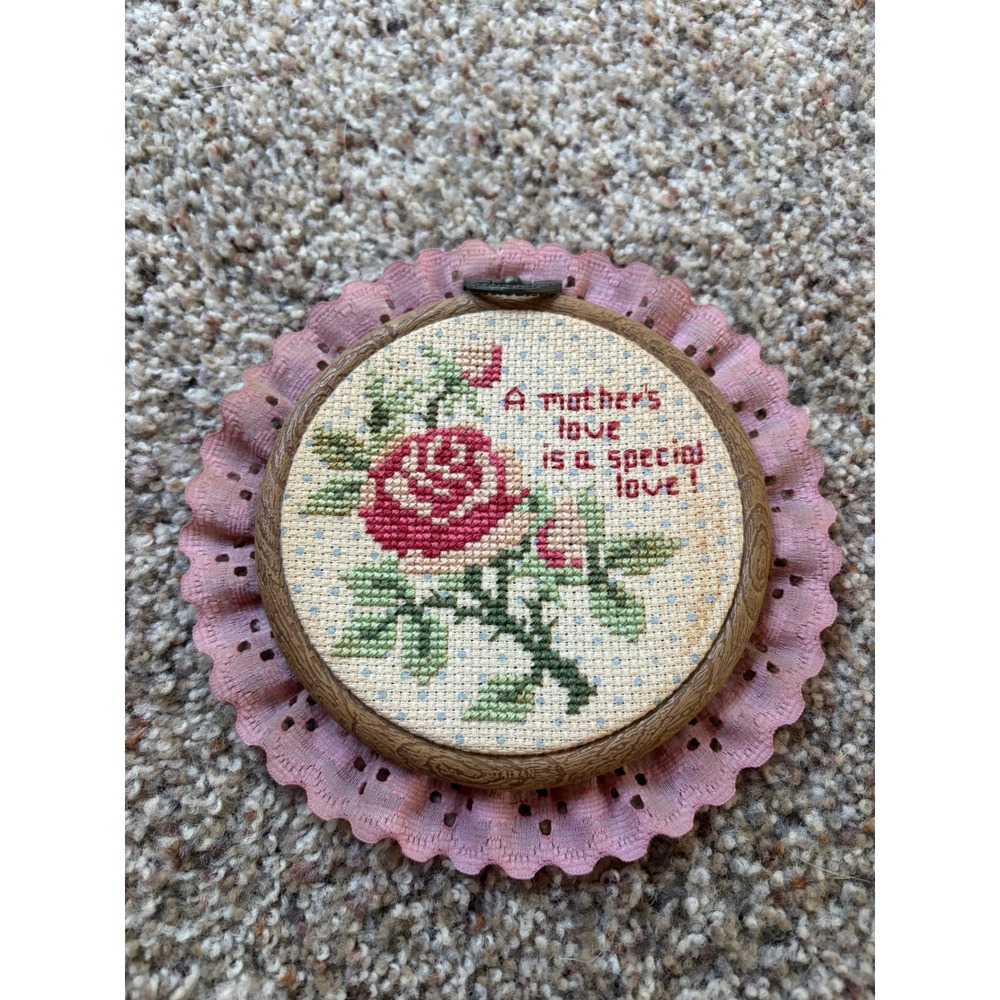 Vintage Cross Stitch Rose Mothers Love Wall Hanging Pink Lace Hoop Art Decor
